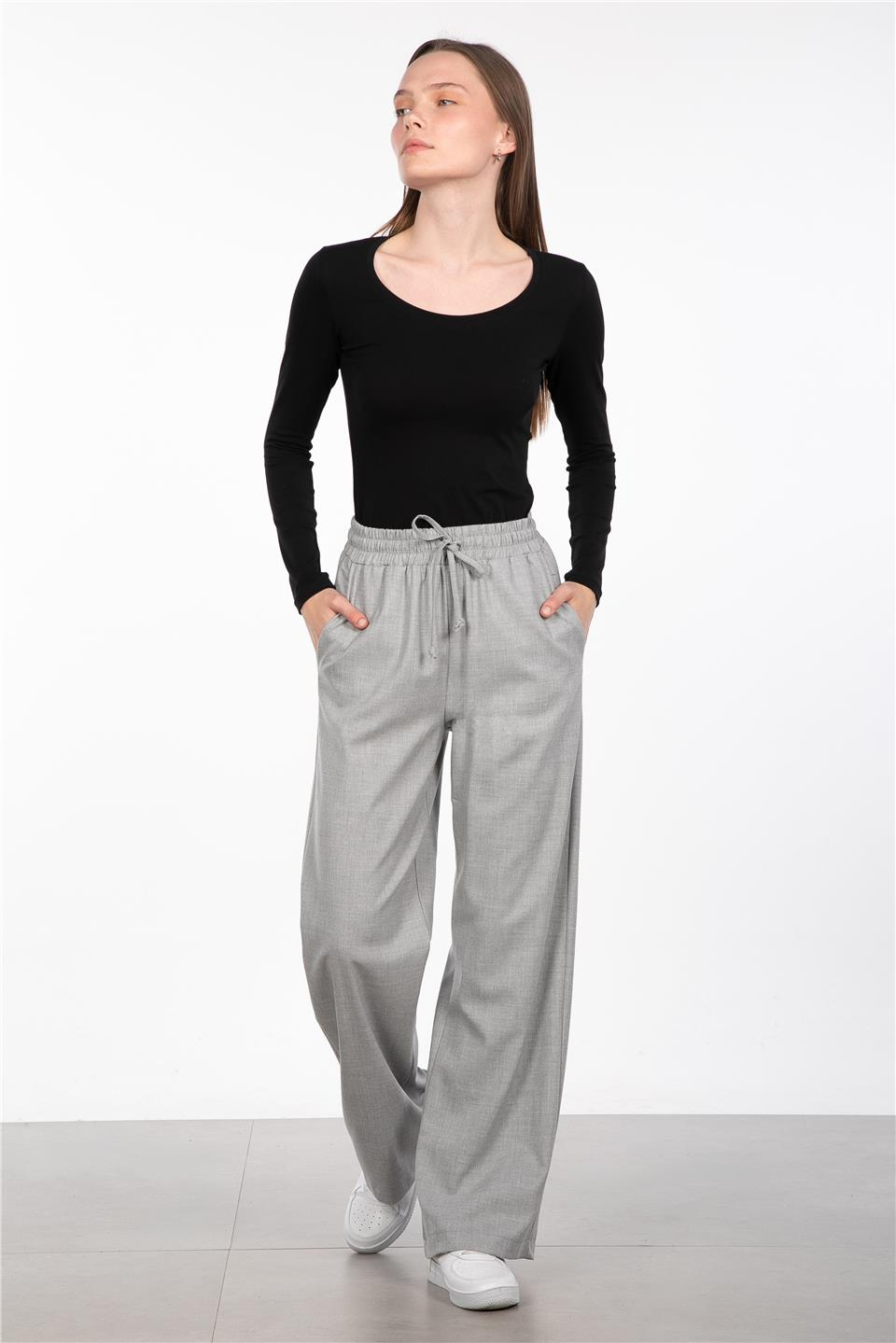 Beli lastikli pantolon-8365-1 A.Gri