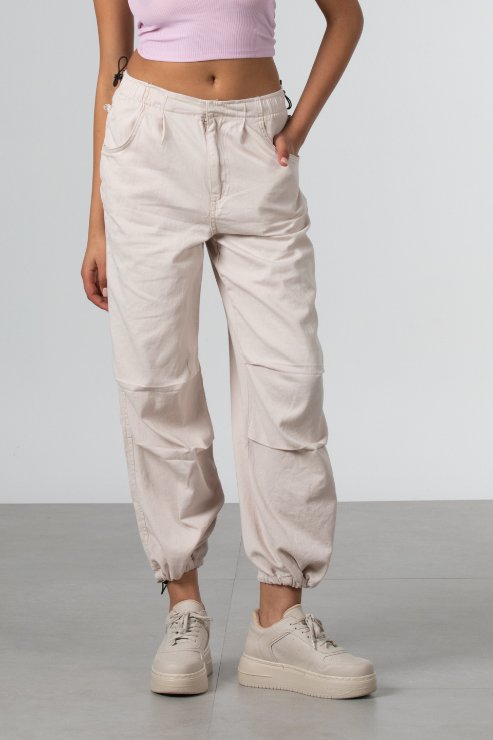 Beli Paçası Lastikli İpli Gabardin Pantolon - Taş