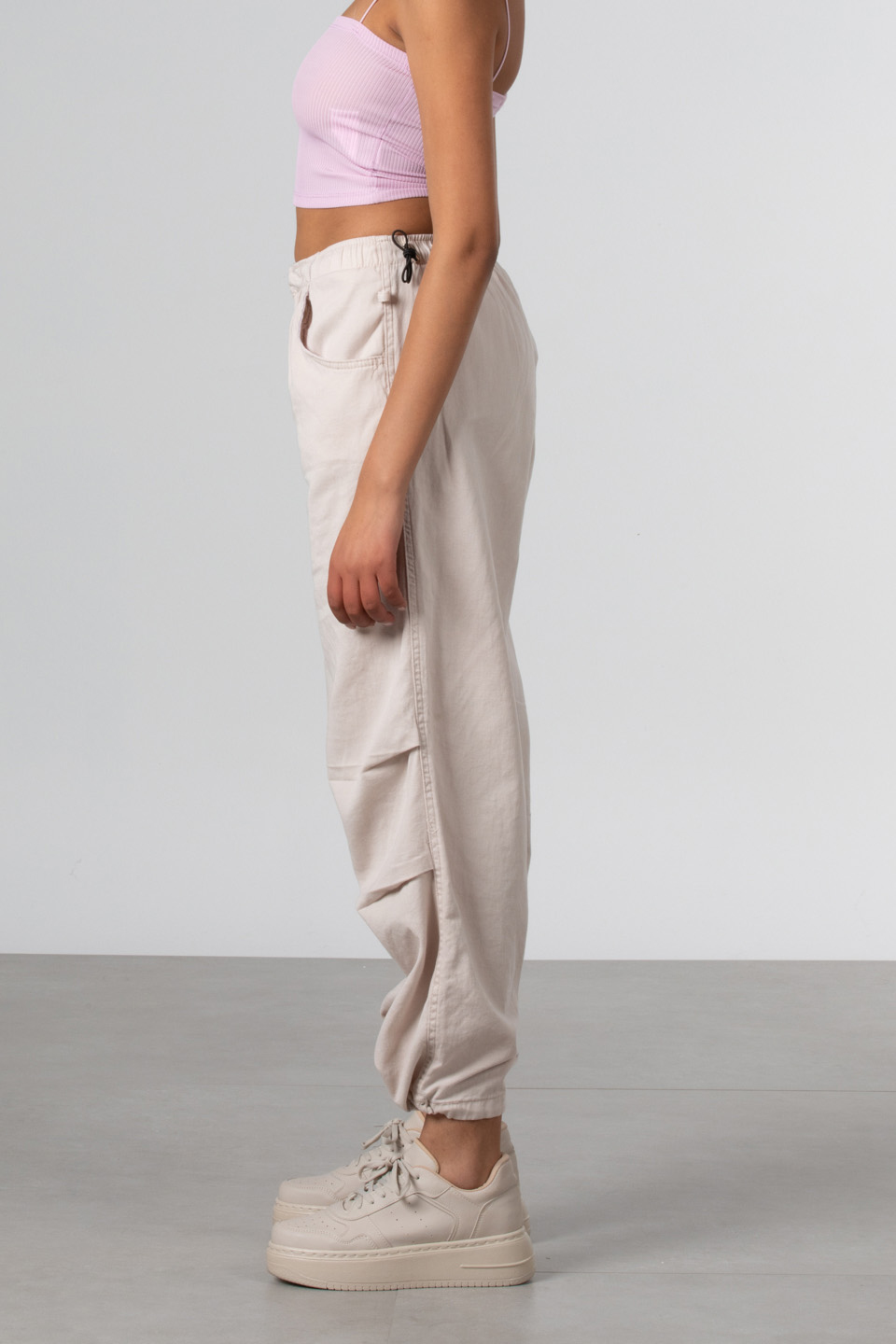 Beli Paçası Lastikli İpli Gabardin Pantolon - Taş