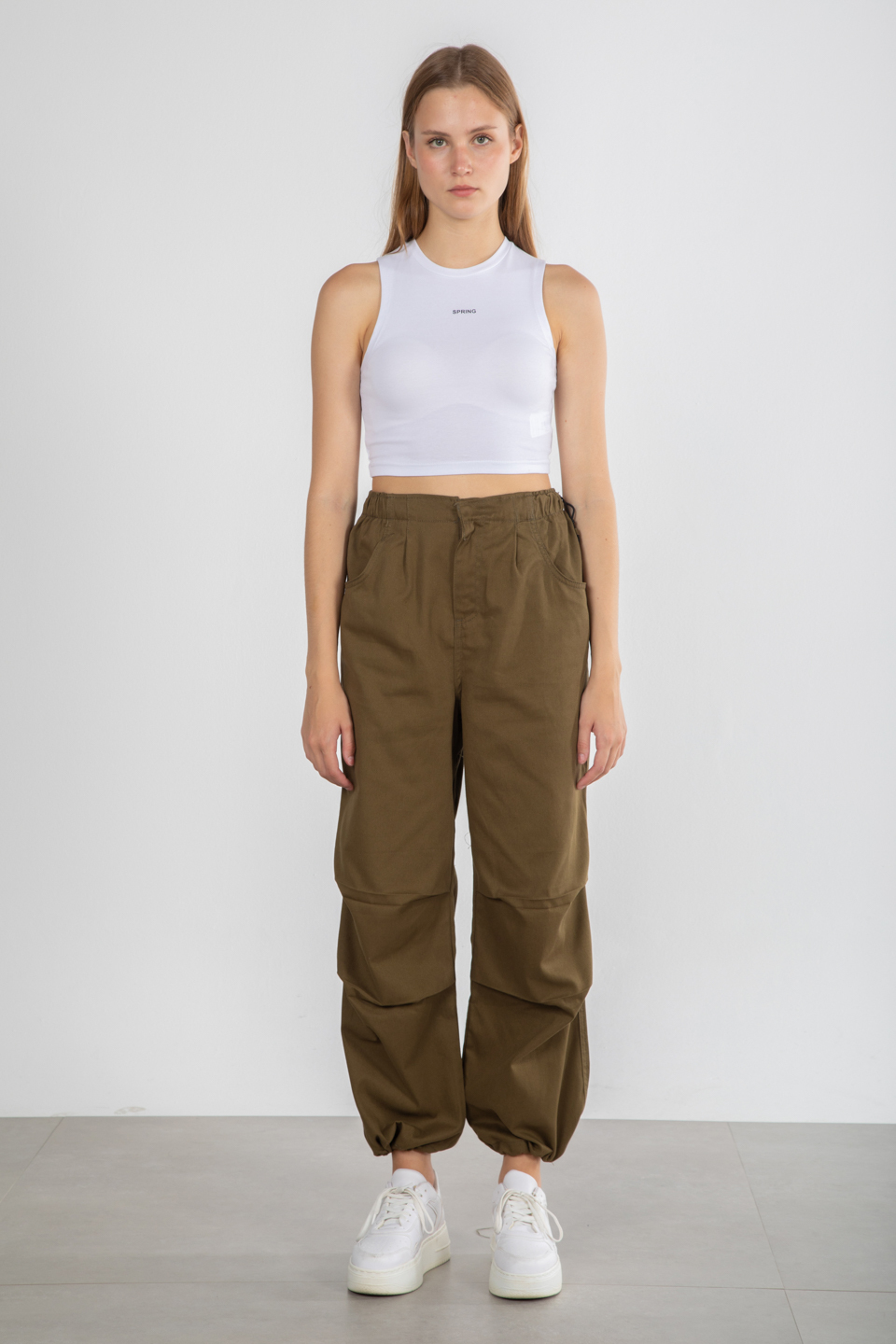 Beli Paçası Lastikli İpli Gabardin Pantolon - Haki