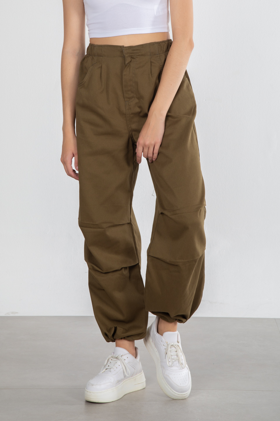 Beli Paçası Lastikli İpli Gabardin Pantolon - Haki