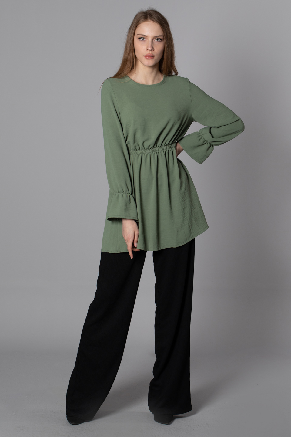 Beli ve kolları lastikli tunik-0024 Çağla