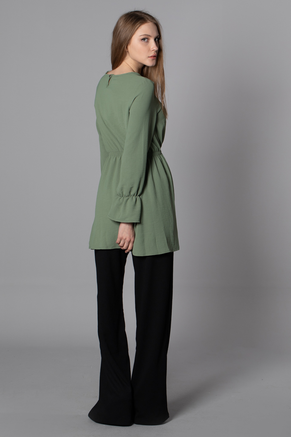 Beli ve kolları lastikli tunik-0024 Çağla