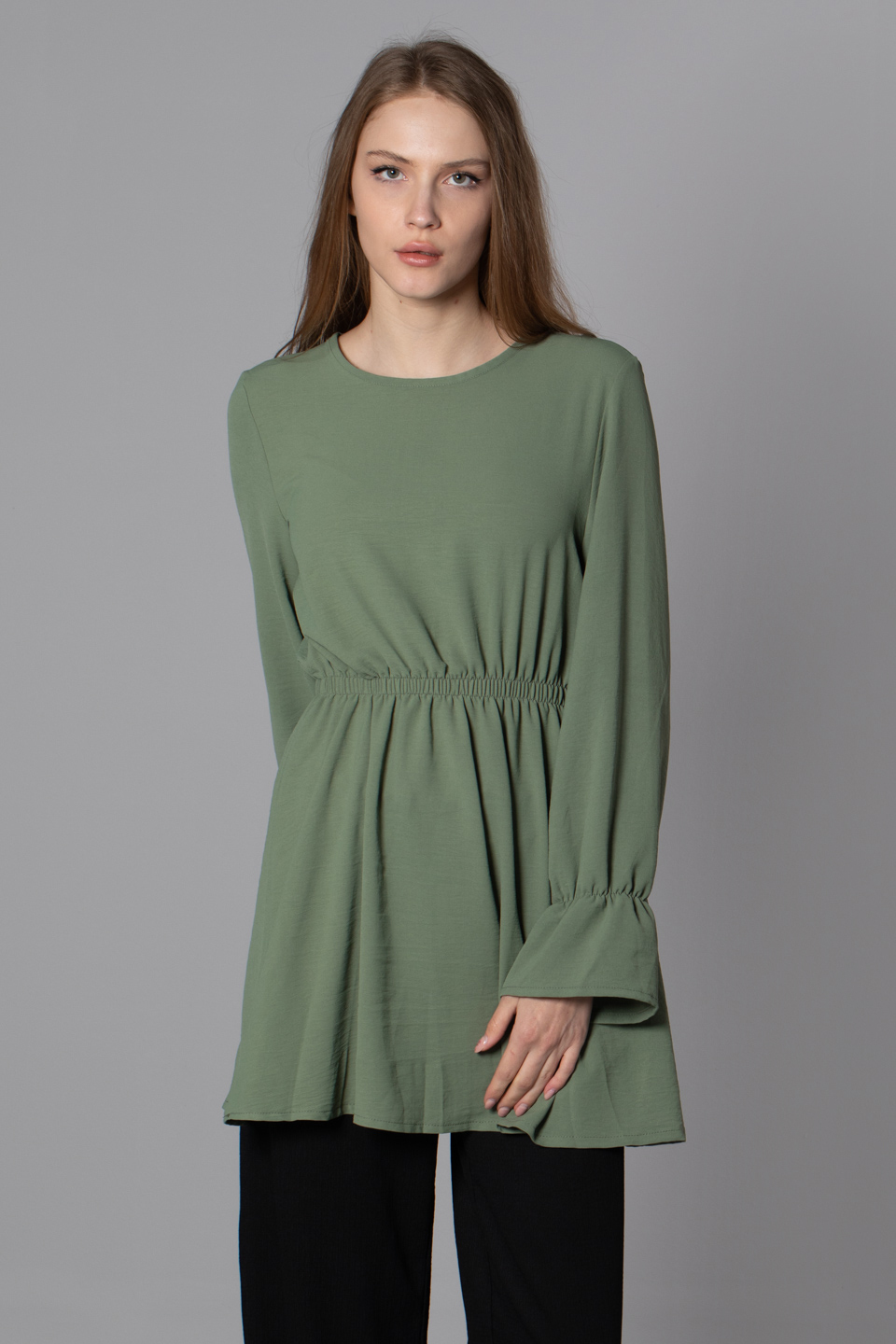 Beli ve kolları lastikli tunik-0024 Çağla