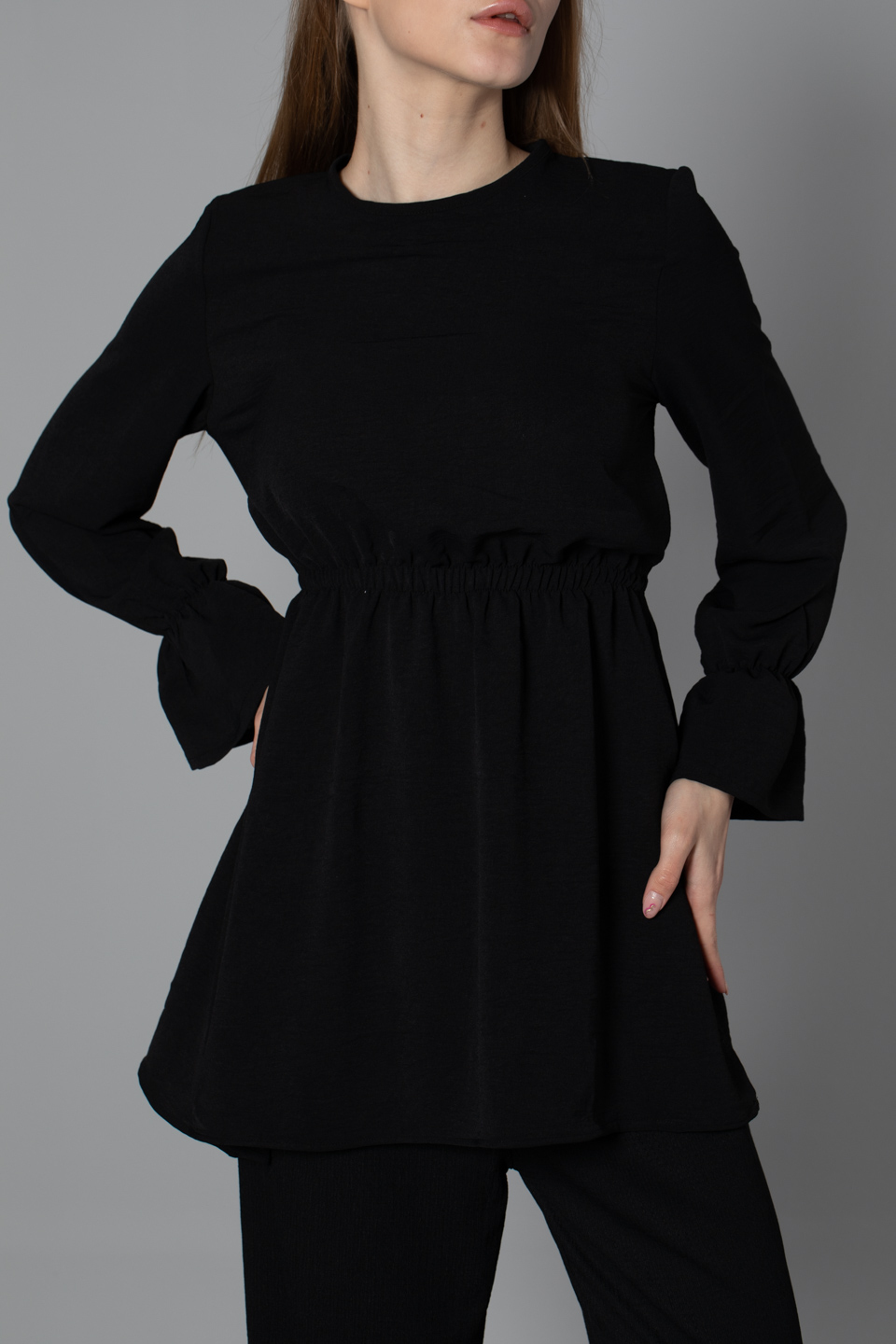 Beli ve kolları lastikli tunik-0024 Siyah