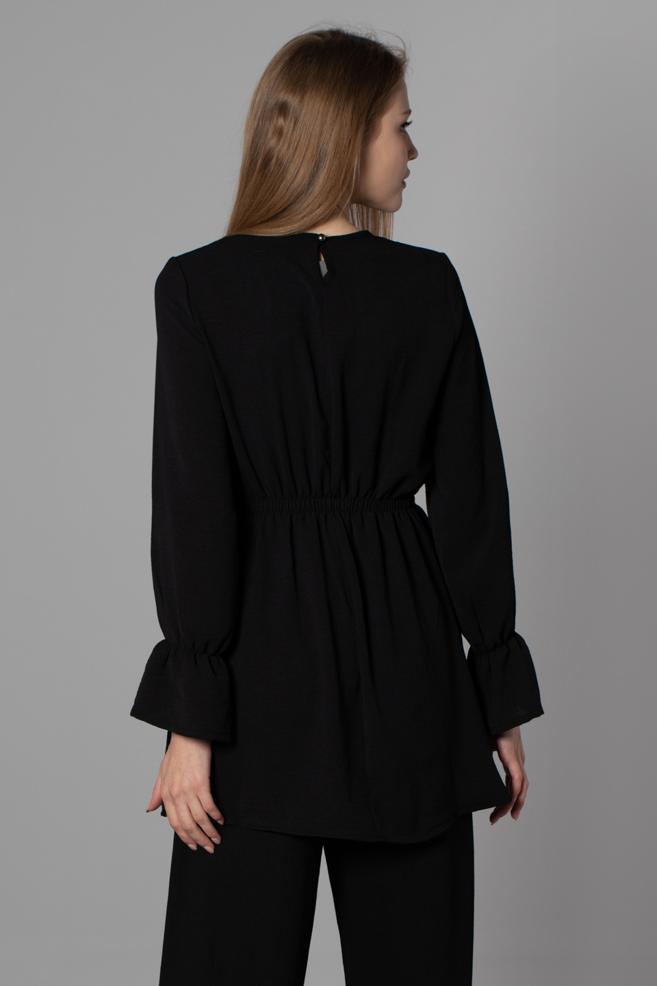 Beli ve kolları lastikli tunik-0024 Siyah