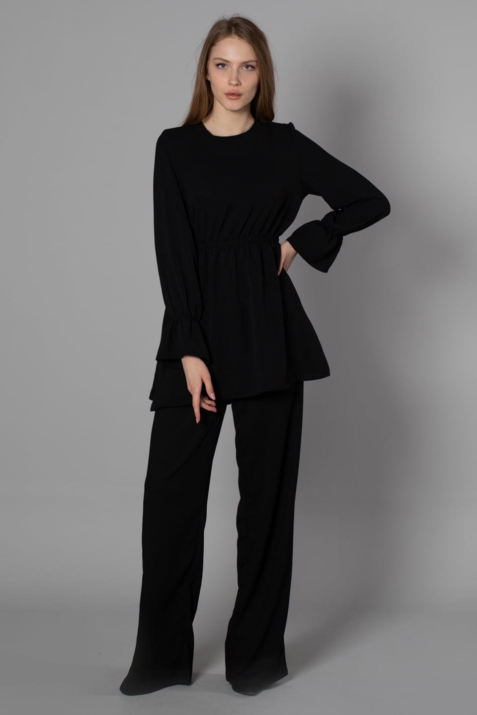 Beli ve kolları lastikli tunik-0024 Siyah