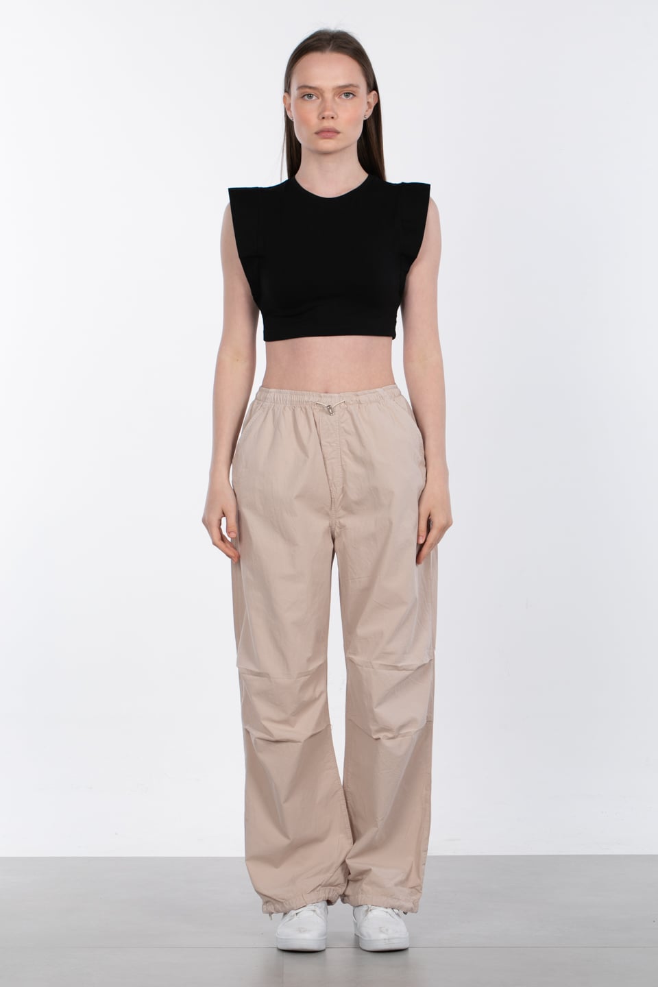 Beli ve paçası ipli salaş pantolon-1010 Taş