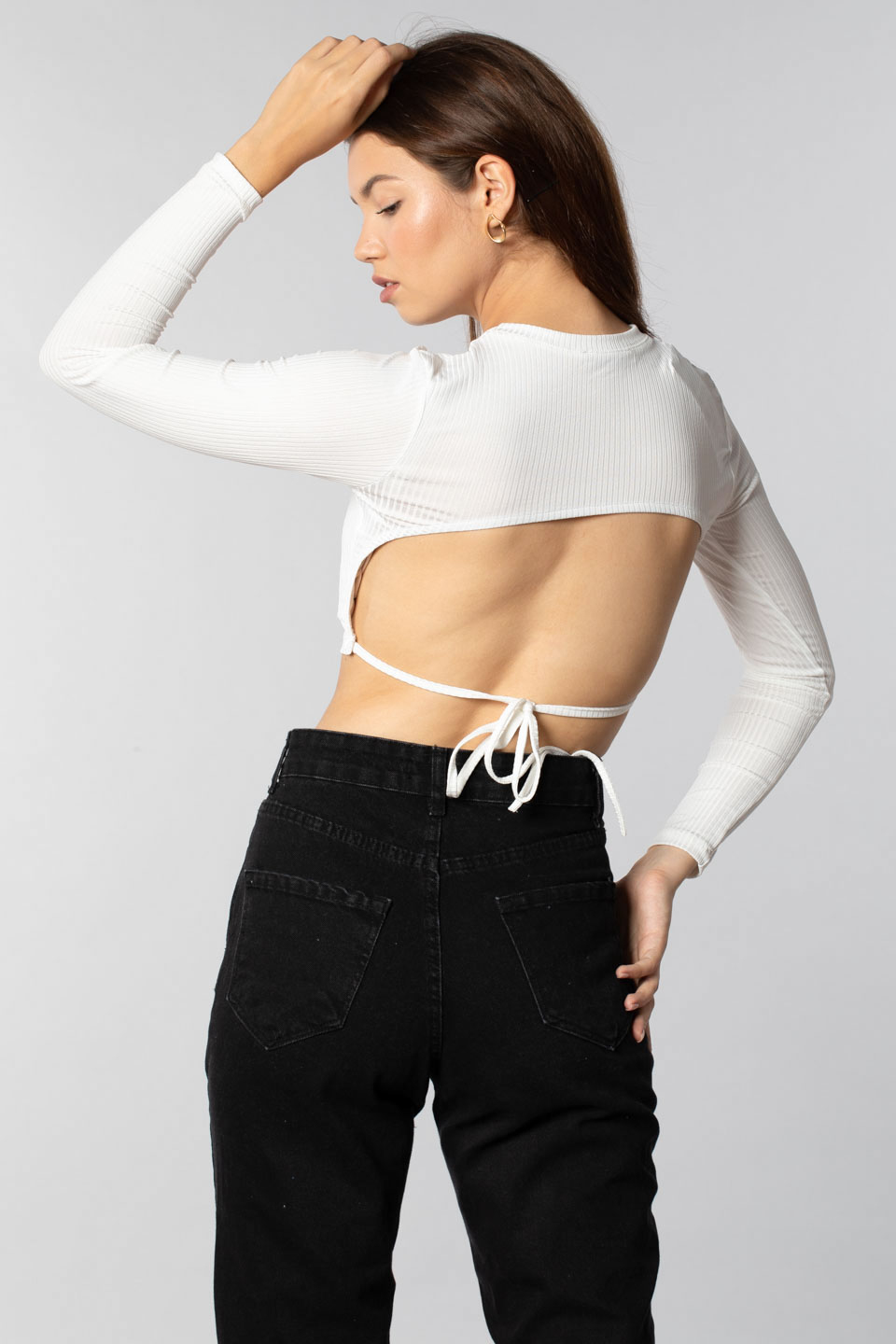 Bisiklet yaka arkası bağlamalı body-7356 Ekru