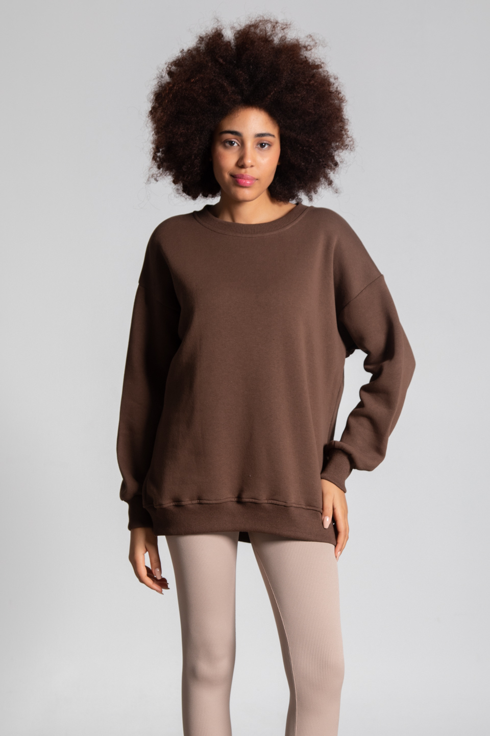 Bisiklet yaka basıc sweatshirt-DVN0465 Kahve