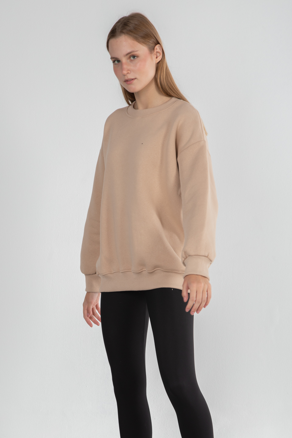 Bisiklet yaka basıc sweatshirt-DVN0465 Bej