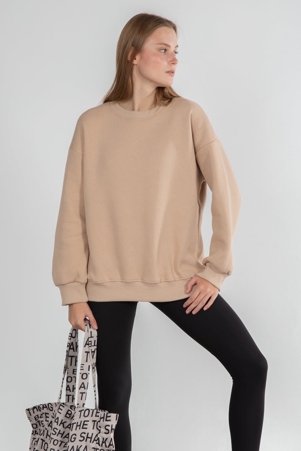 Bisiklet yaka basıc sweatshirt-DVN0465 Bej