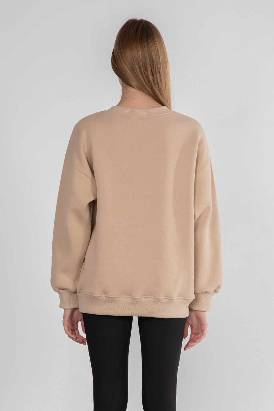 Bisiklet yaka basıc sweatshirt-DVN0465 Bej