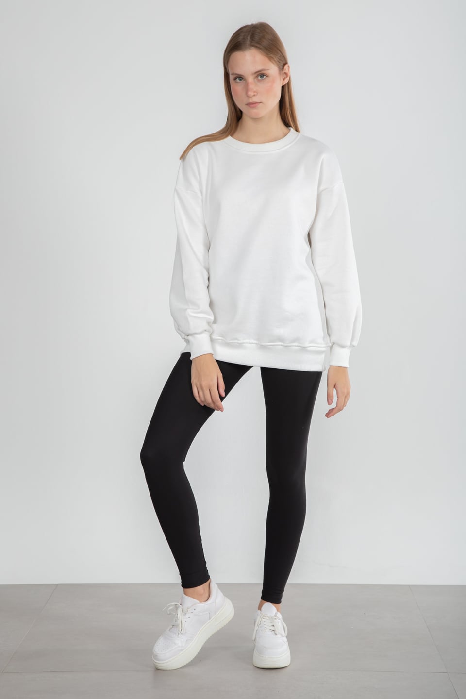 Bisiklet yaka basıc sweatshirt-DVN0465 Ekru