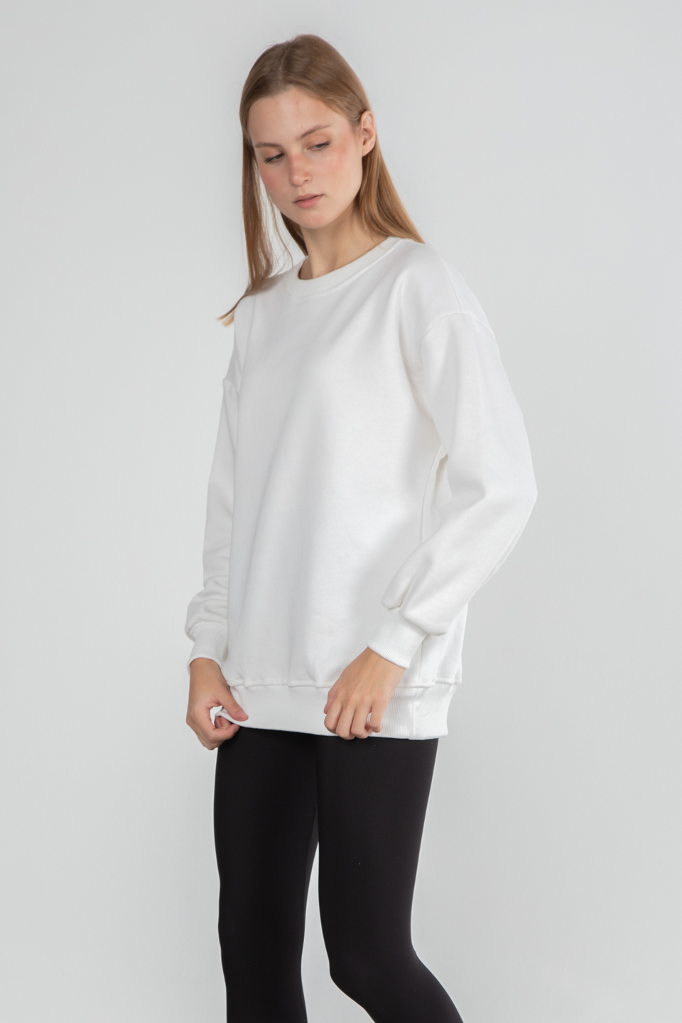 Bisiklet yaka basıc sweatshirt-DVN0465 Ekru