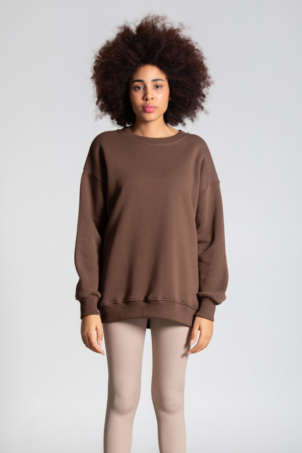 Bisiklet yaka basıc sweatshirt-DVN0465 Kahve