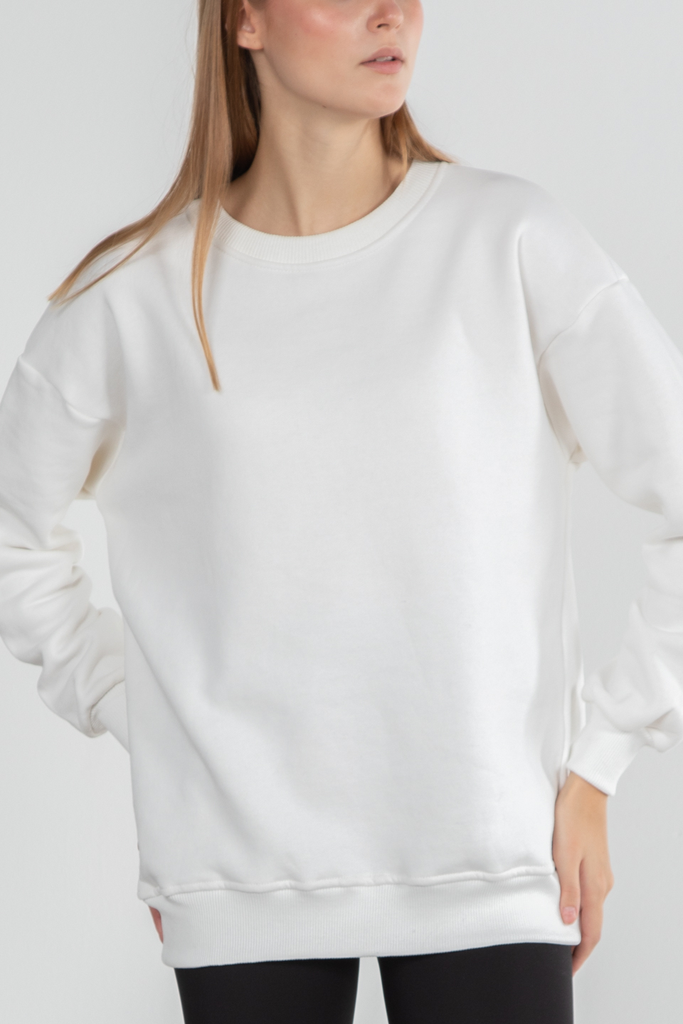Bisiklet yaka basıc sweatshirt-DVN0465 Ekru