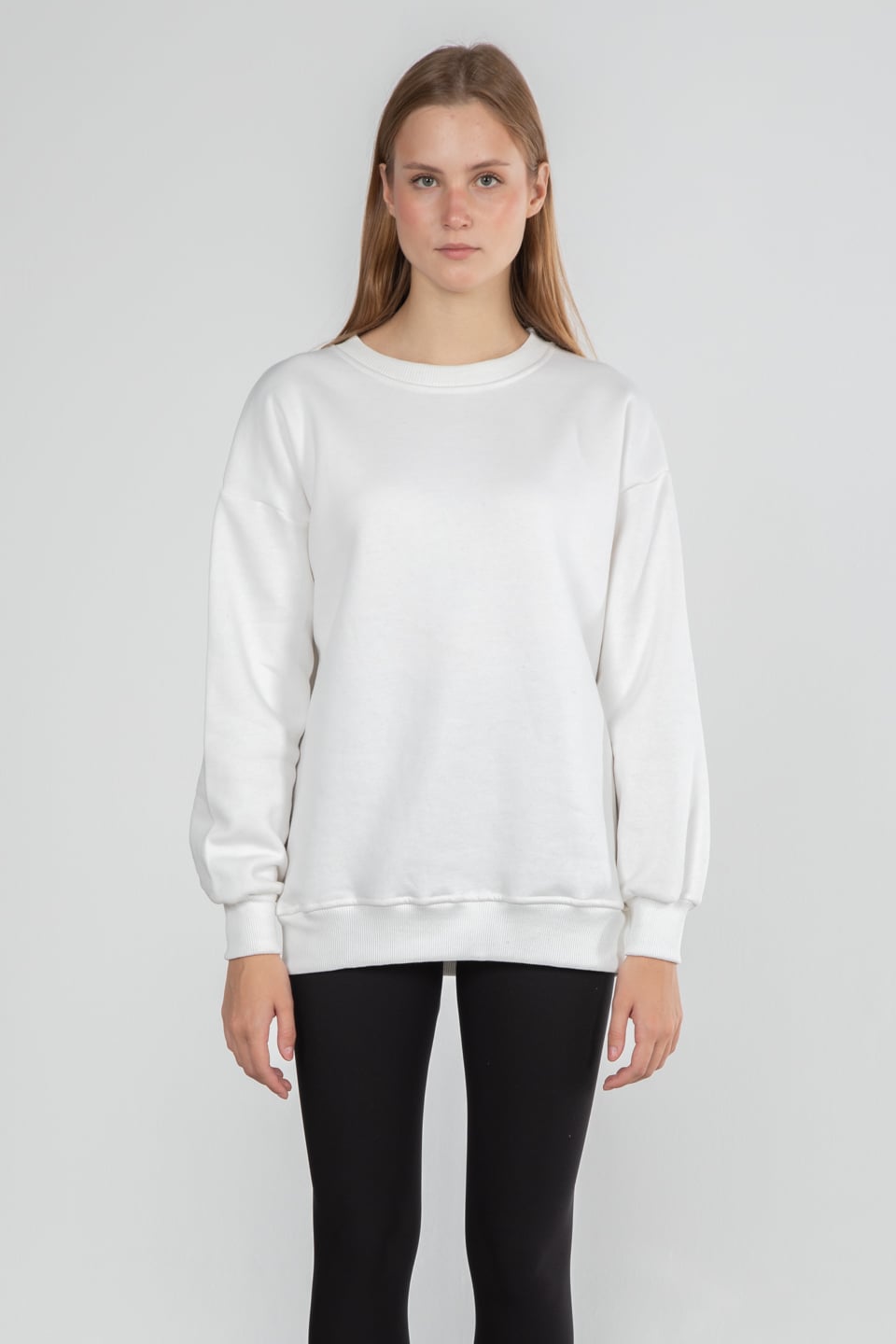Bisiklet yaka basıc sweatshirt-DVN0465 Ekru