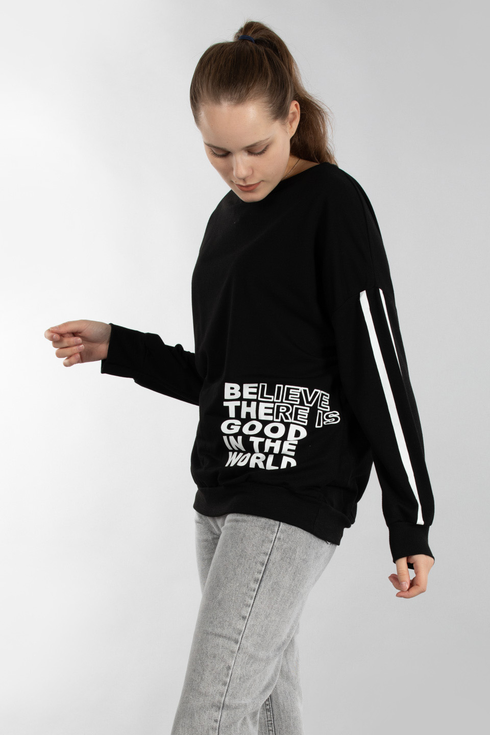 Bisiklet yaka baskılı sweatshırt-9673 Siyah