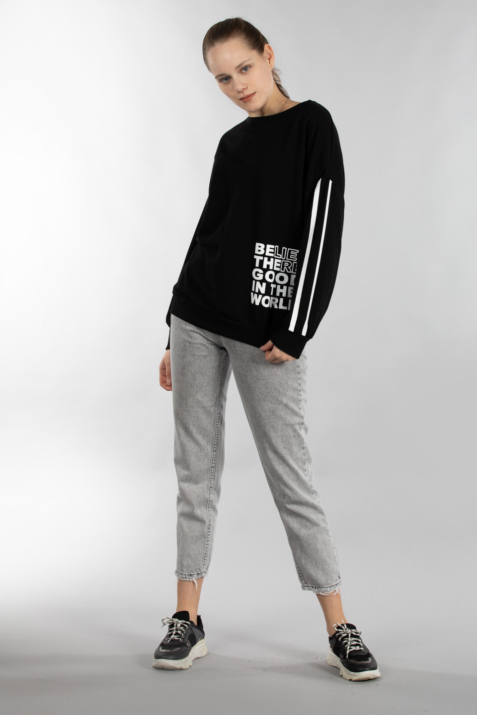 Bisiklet yaka baskılı sweatshırt-9673 Siyah