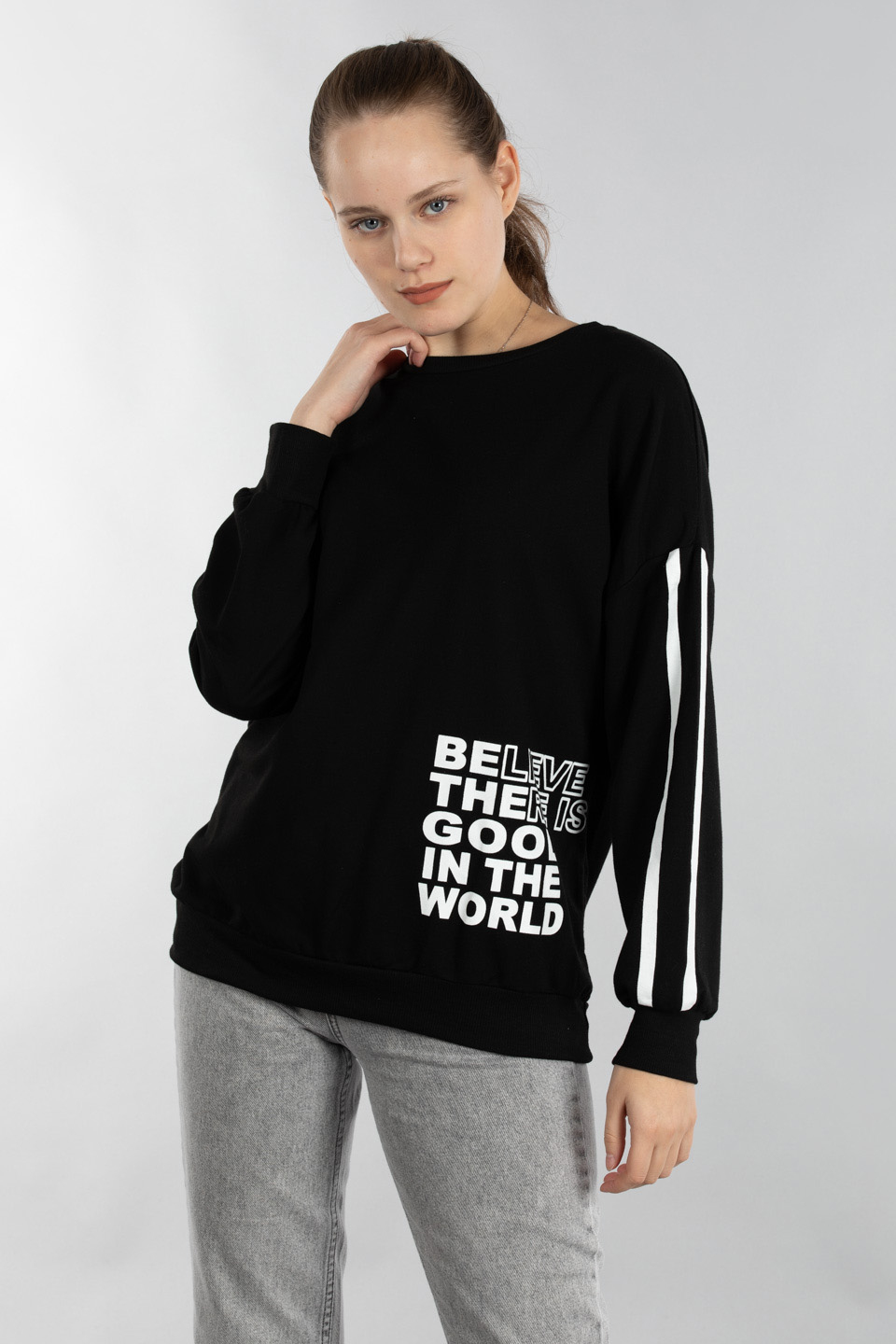 Bisiklet yaka baskılı sweatshırt-9673 Siyah