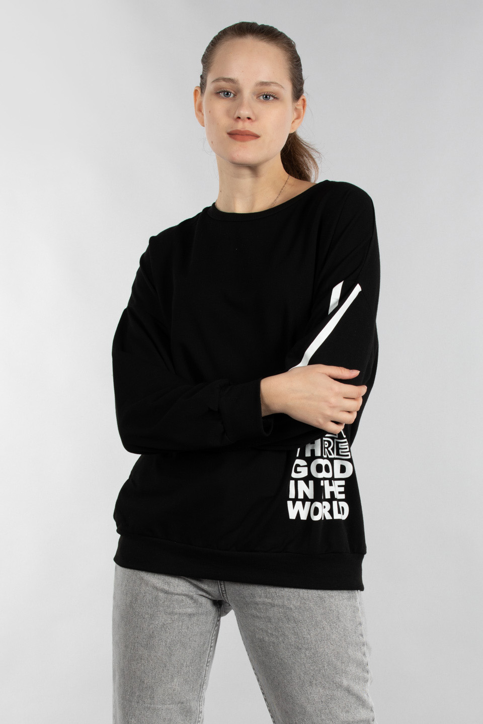 Bisiklet yaka baskılı sweatshırt-9673 Siyah