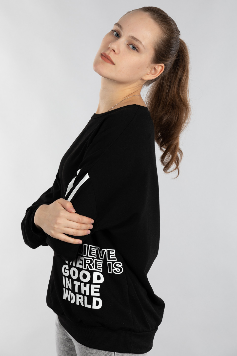 Bisiklet yaka baskılı sweatshırt-9673 Siyah