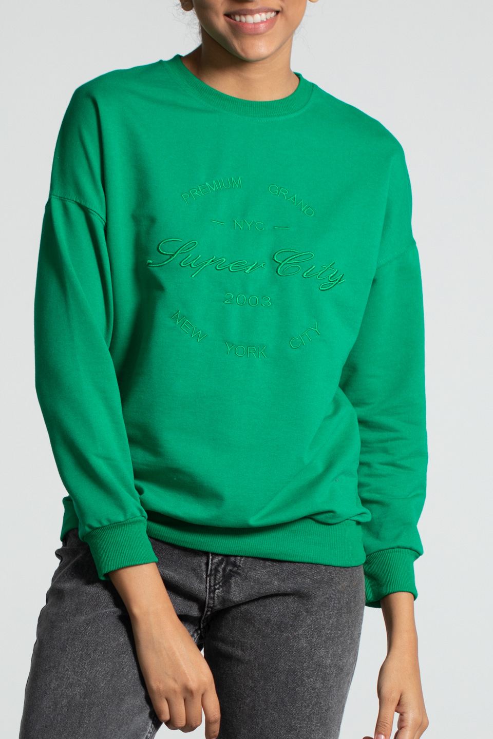 Bisiklet Yaka Baskılı Sweatshirt - Açık Yeşil