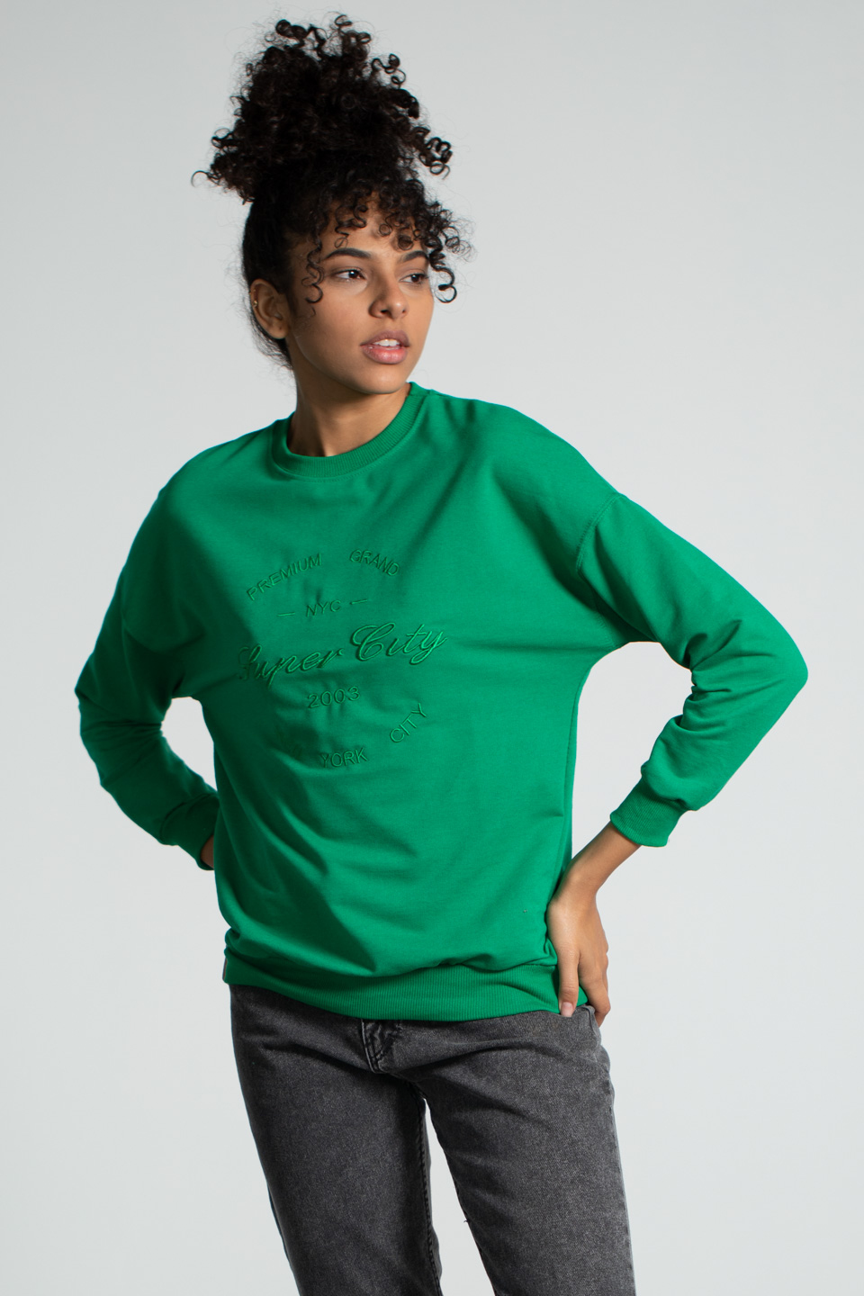 Bisiklet Yaka Baskılı Sweatshirt - Açık Yeşil