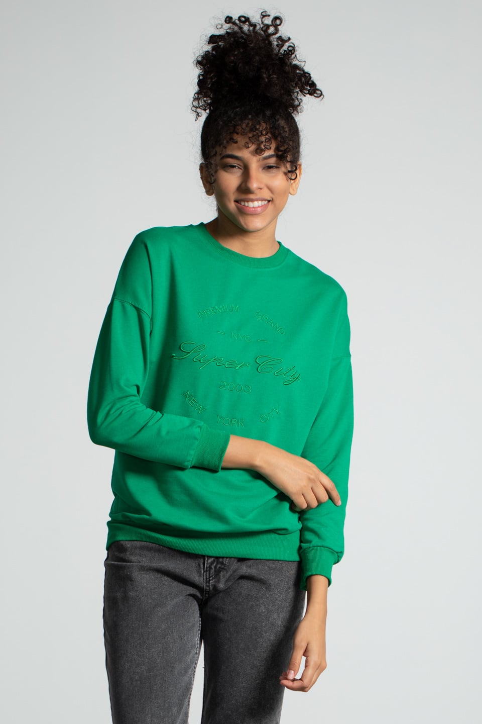 Bisiklet Yaka Baskılı Sweatshirt - Açık Yeşil
