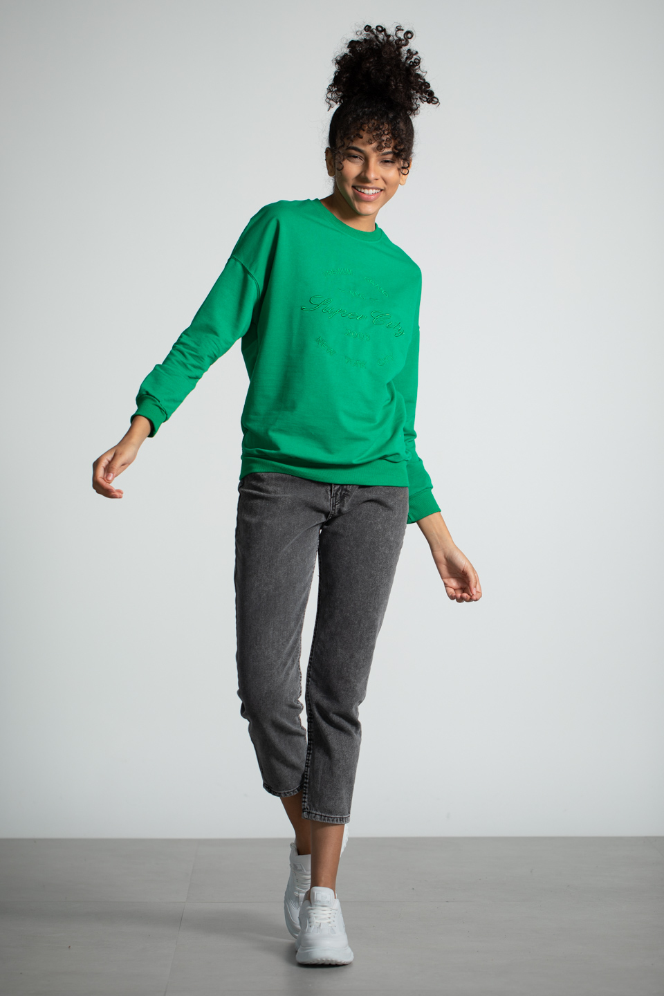 Bisiklet Yaka Baskılı Sweatshirt - Açık Yeşil