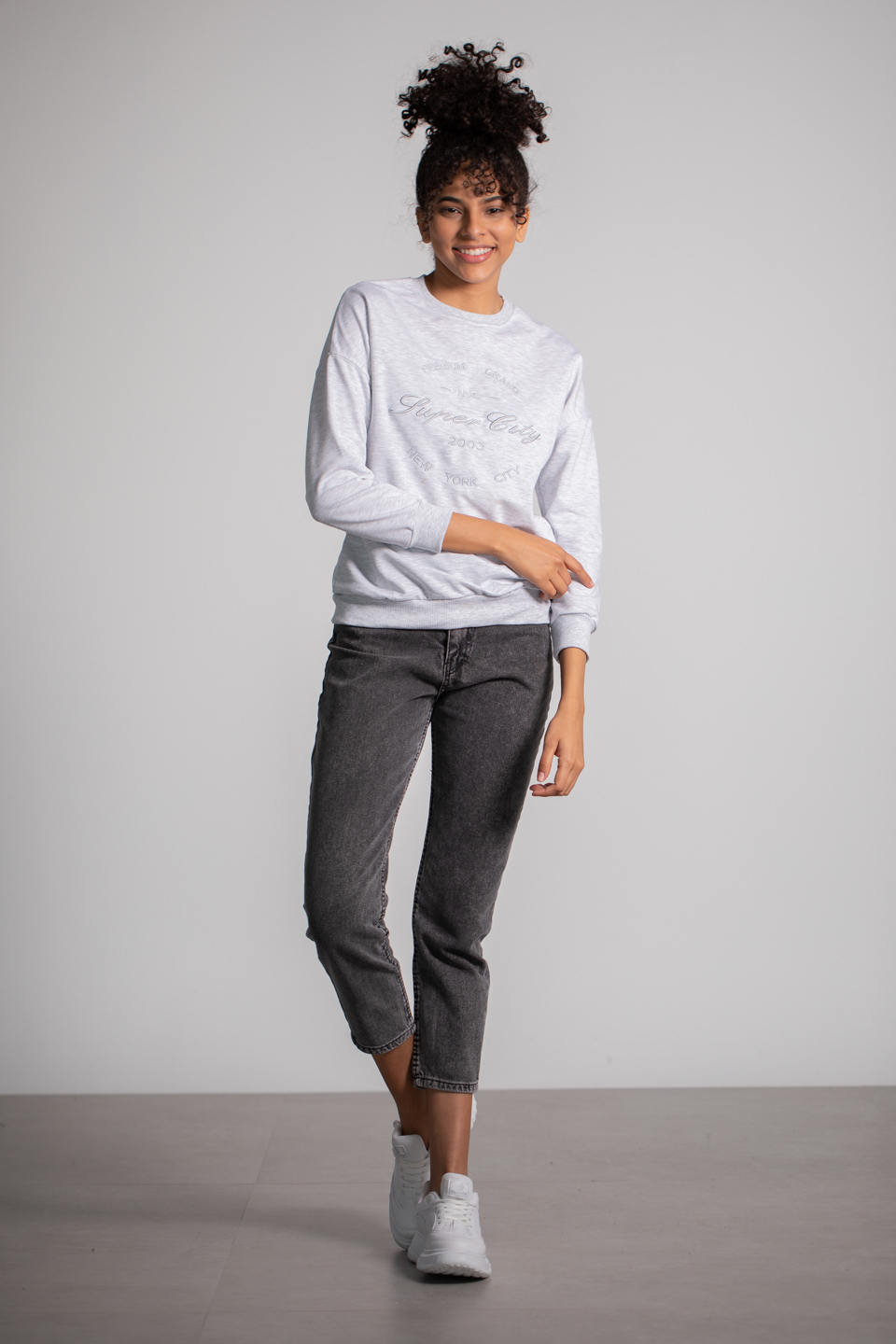 Bisiklet Yaka Baskılı Sweatshirt - Gri