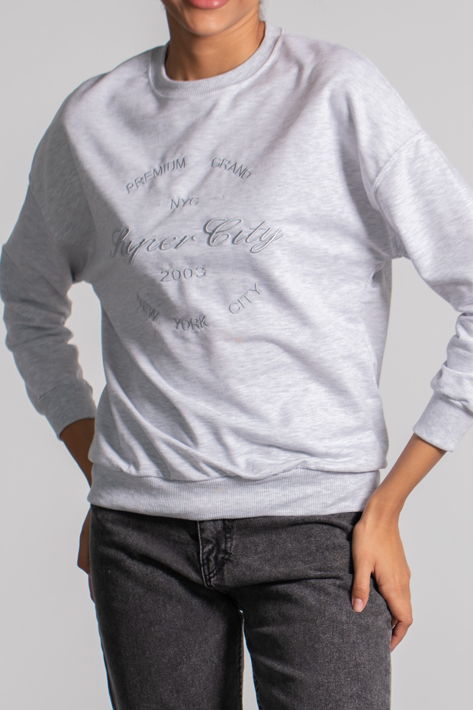 Bisiklet Yaka Baskılı Sweatshirt - Gri