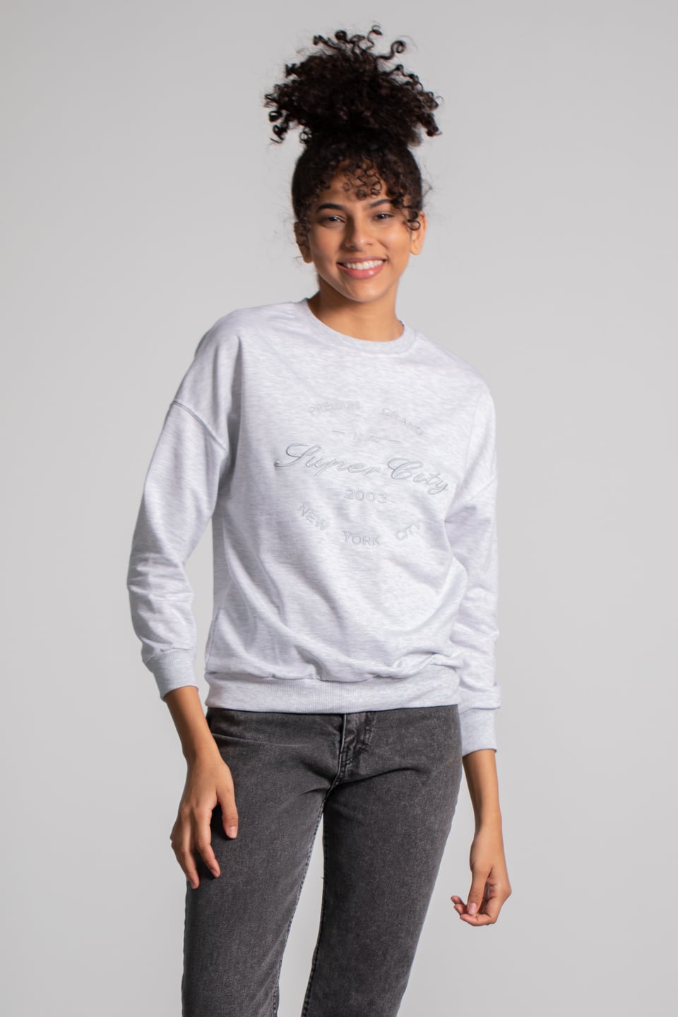 Bisiklet Yaka Baskılı Sweatshirt - Gri