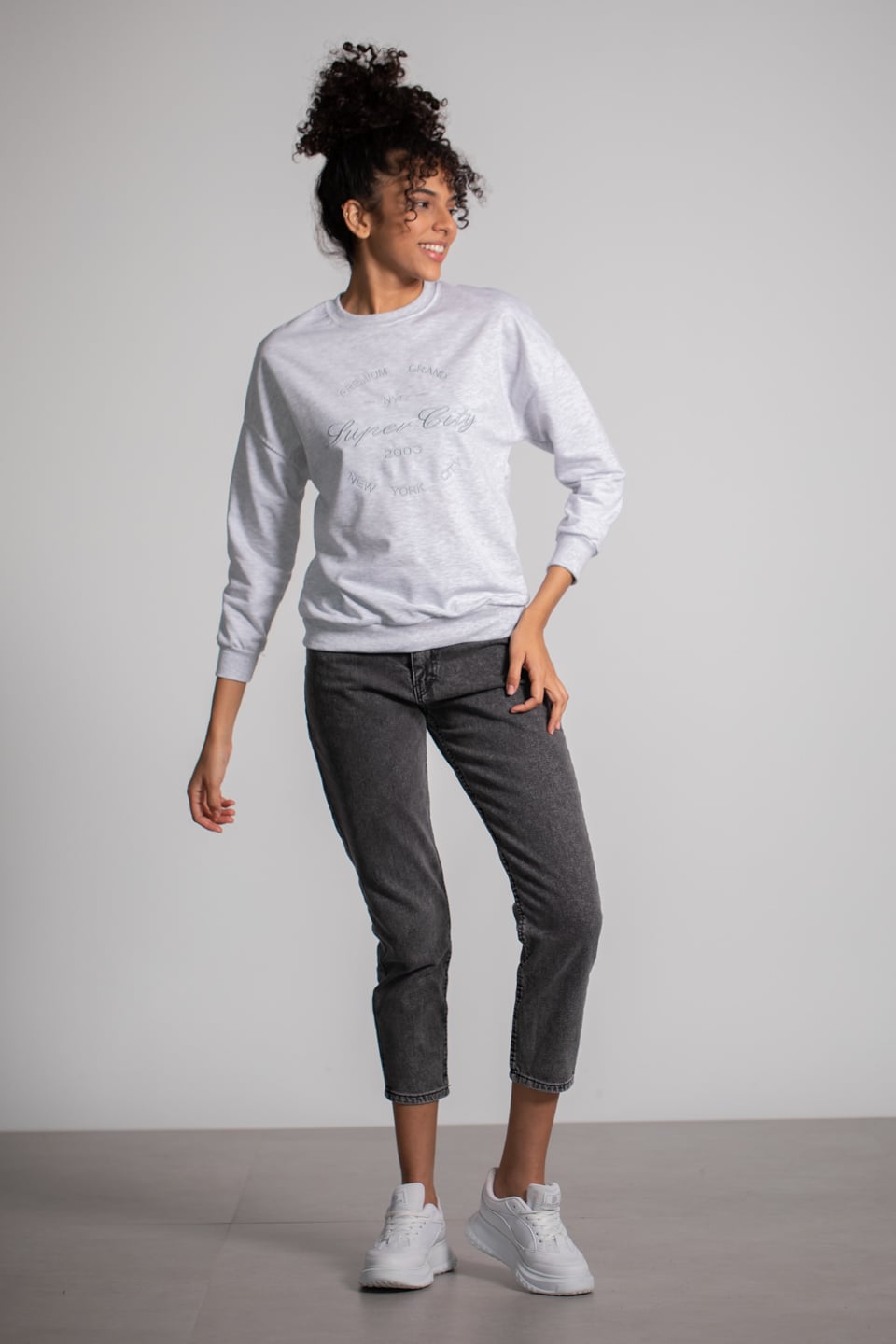 Bisiklet Yaka Baskılı Sweatshirt - Gri