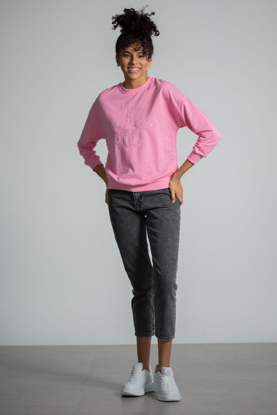 Bisiklet Yaka Baskılı Sweatshirt - Pembe