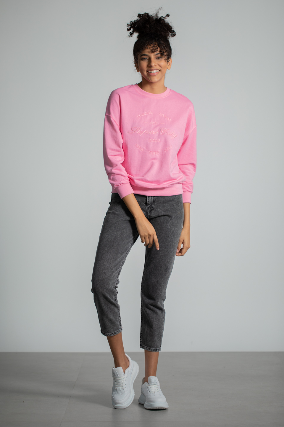 Bisiklet Yaka Baskılı Sweatshirt - Pembe