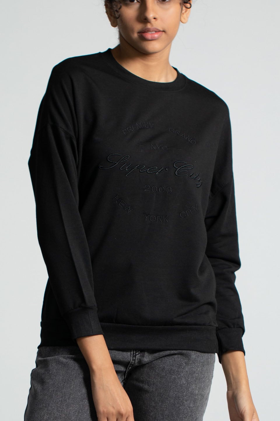 Bisiklet Yaka Baskılı Sweatshirt - Siyah