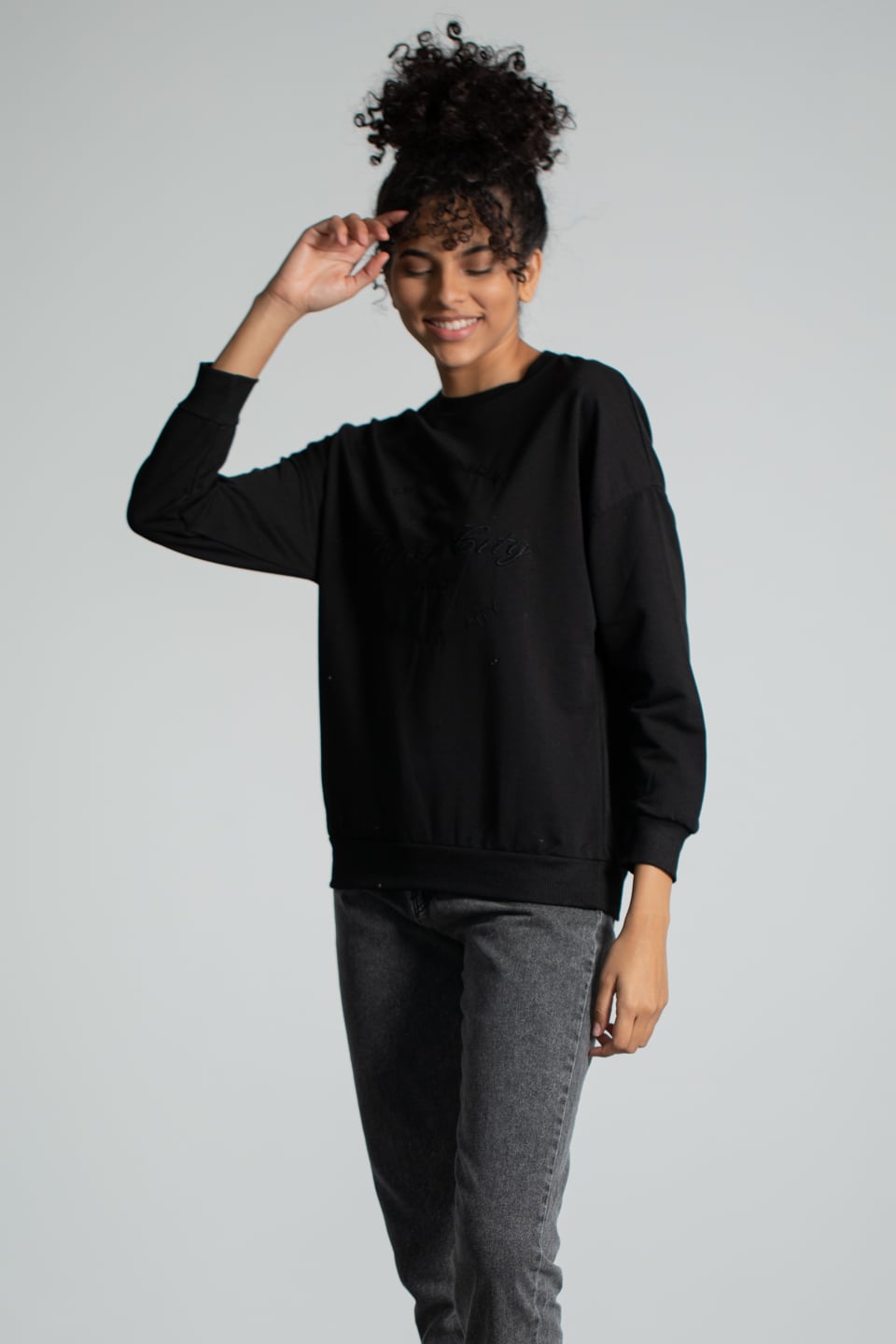 Bisiklet Yaka Baskılı Sweatshirt - Siyah