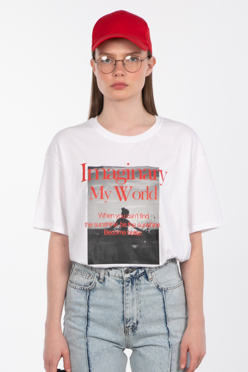 Bisiklet yaka baskılı t-shirt-DVN0979 Ekru