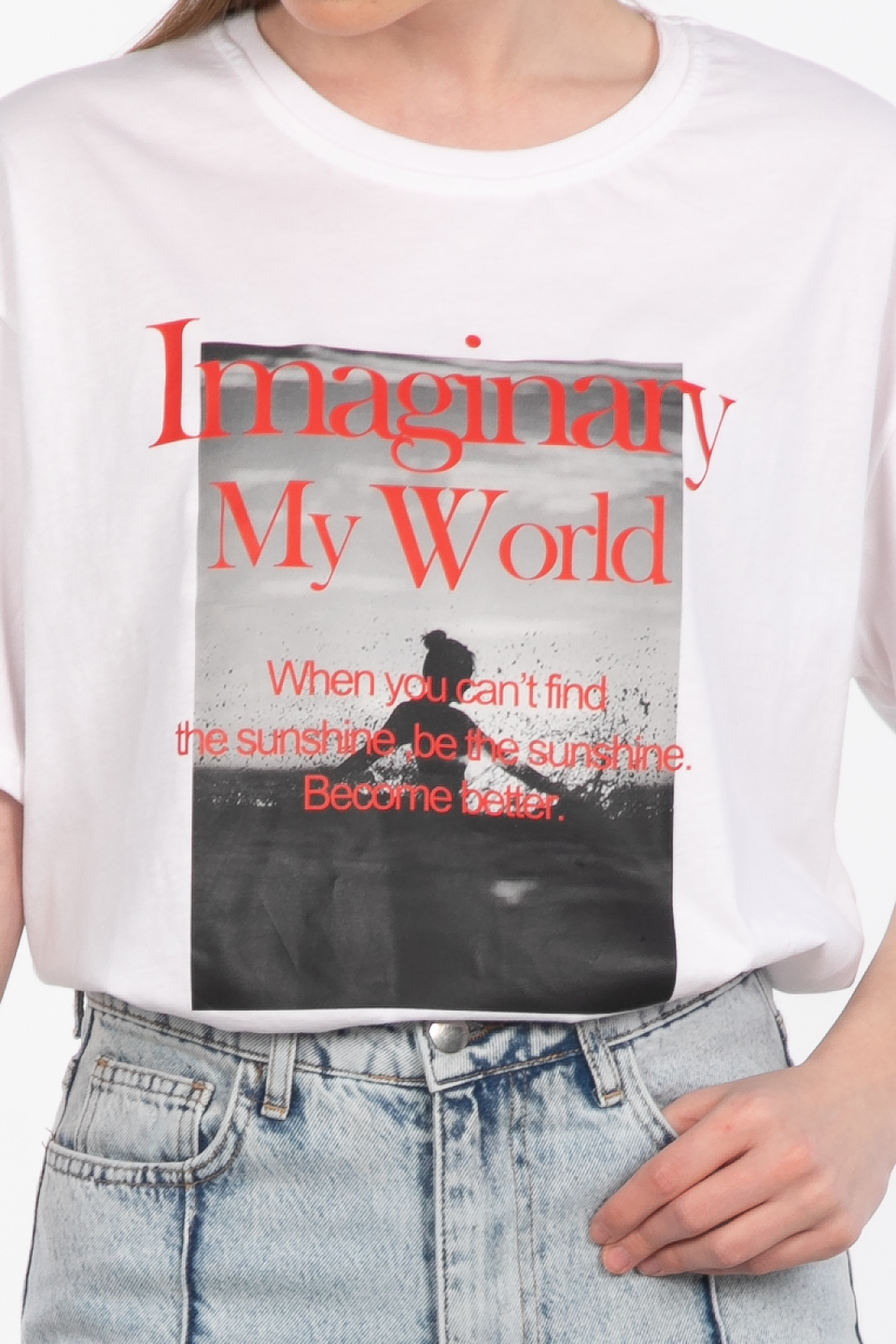 Bisiklet yaka baskılı t-shirt-DVN0979 Ekru