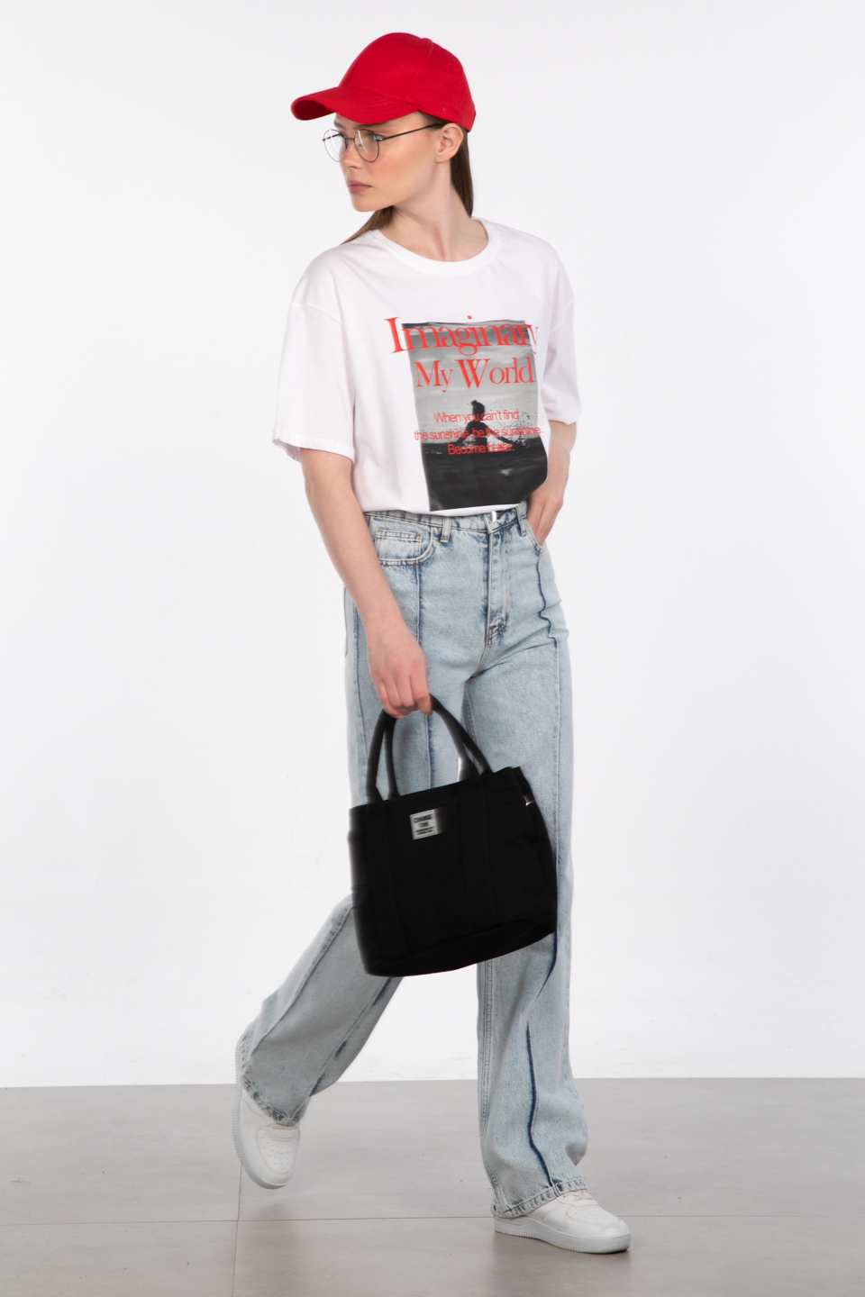 Bisiklet yaka baskılı t-shirt-DVN0979 Ekru