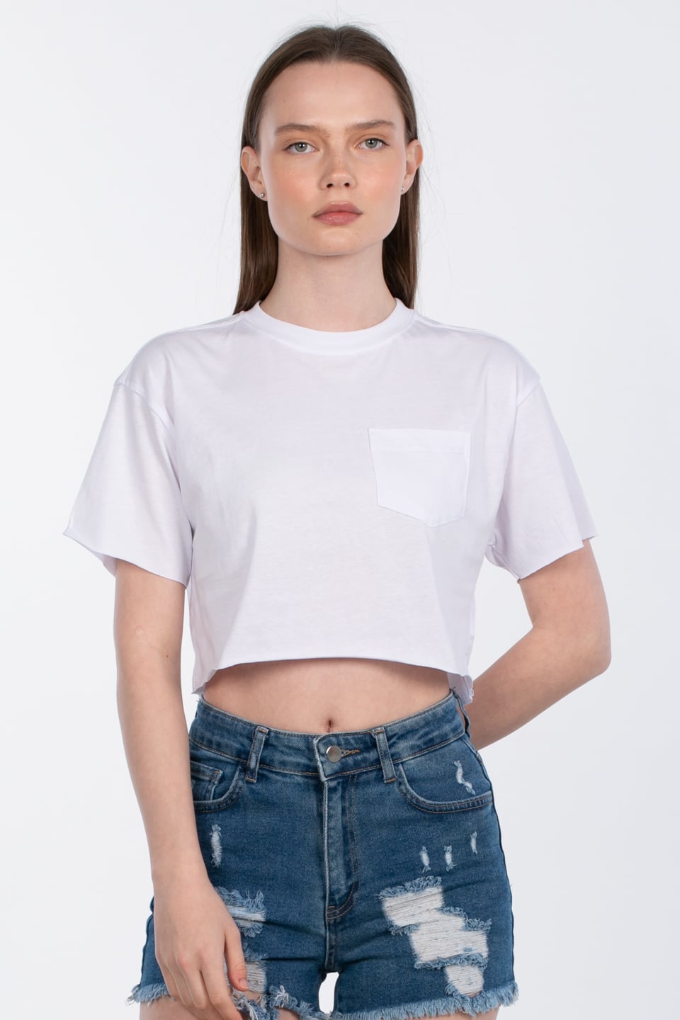 Bisiklet yaka cepli crop t-shirt-83-856 Beyaz