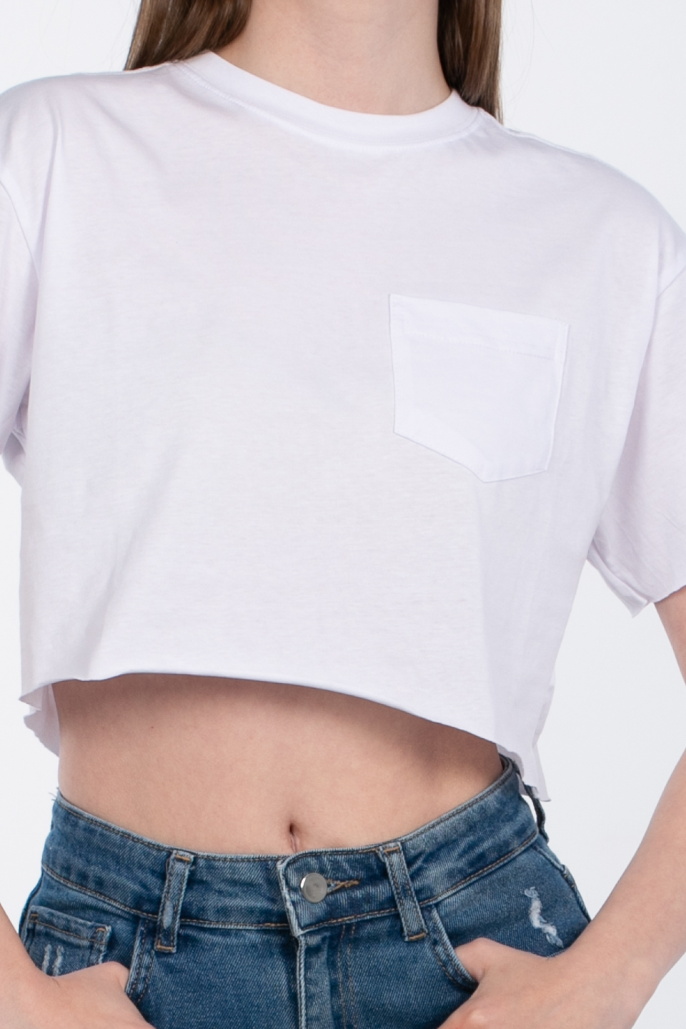 Bisiklet yaka cepli crop t-shirt-83-856 Beyaz