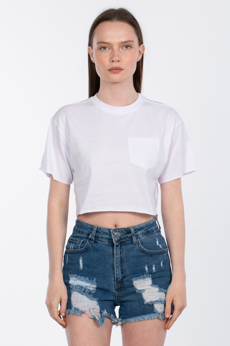 Bisiklet yaka cepli crop t-shirt-83-856 Beyaz