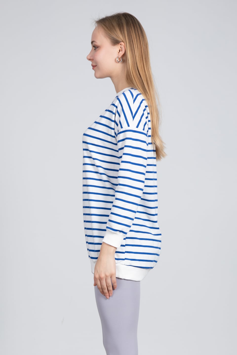 Bisiklet yaka çizgili sweatshirt-DVN0520 Beyaz/Saks