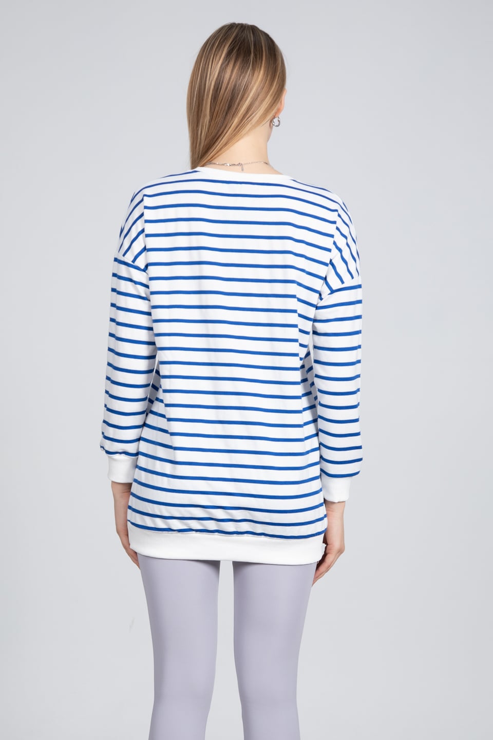 Bisiklet yaka çizgili sweatshirt-DVN0520 Beyaz/Saks