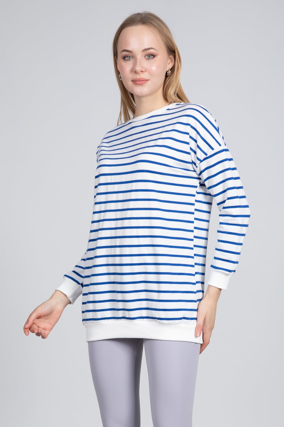 Bisiklet yaka çizgili sweatshirt-DVN0520 Beyaz/Saks