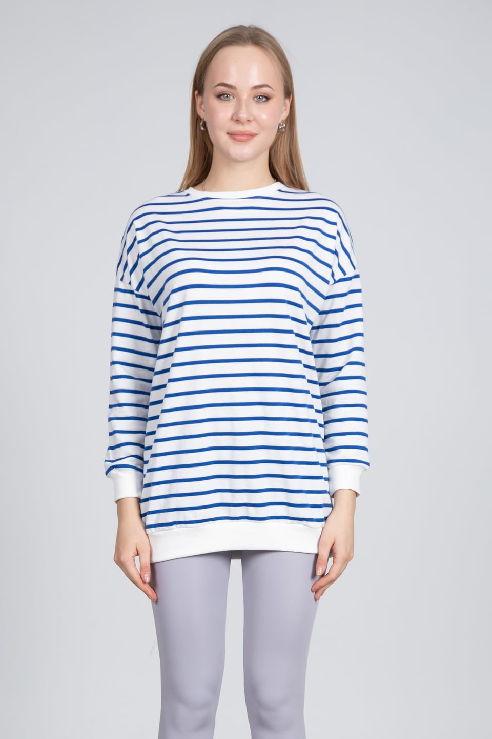 Bisiklet yaka çizgili sweatshirt-DVN0520 Beyaz/Saks