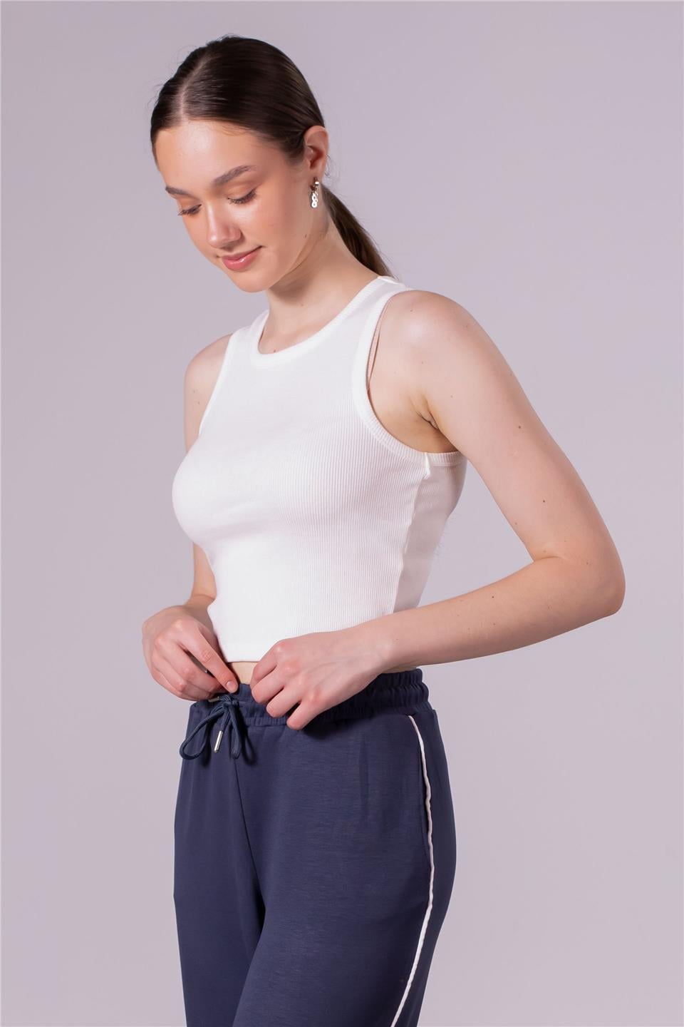Bisiklet yaka crop body-DVN0189 Ekru
